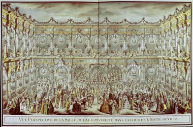 Perspektiv utsikt over ballsalen konstruert i gårdsplassen til Hotel de Ville i Paris i anledning Dauphins første ekteskap med Marie-Therese (1638-83) Infanta of Spain